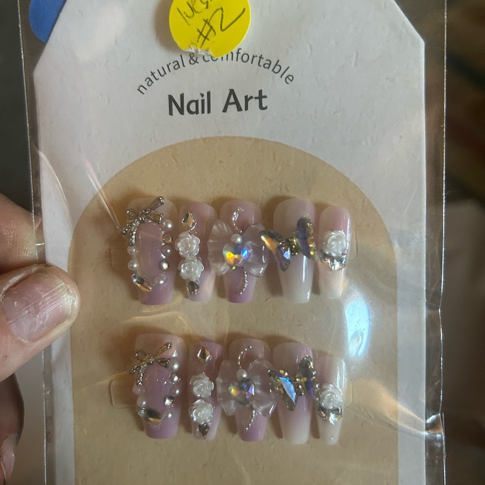 Pink and White handmade press on Nail Art with Rhinestones